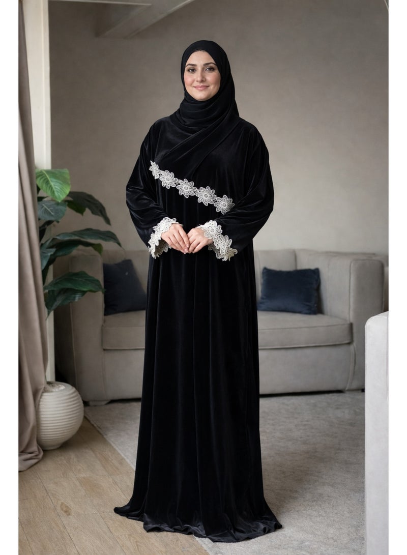 Luxury Prayer Isdal with Elegant Lace Trim – Comfortable & Modest Design - Black - Image 1